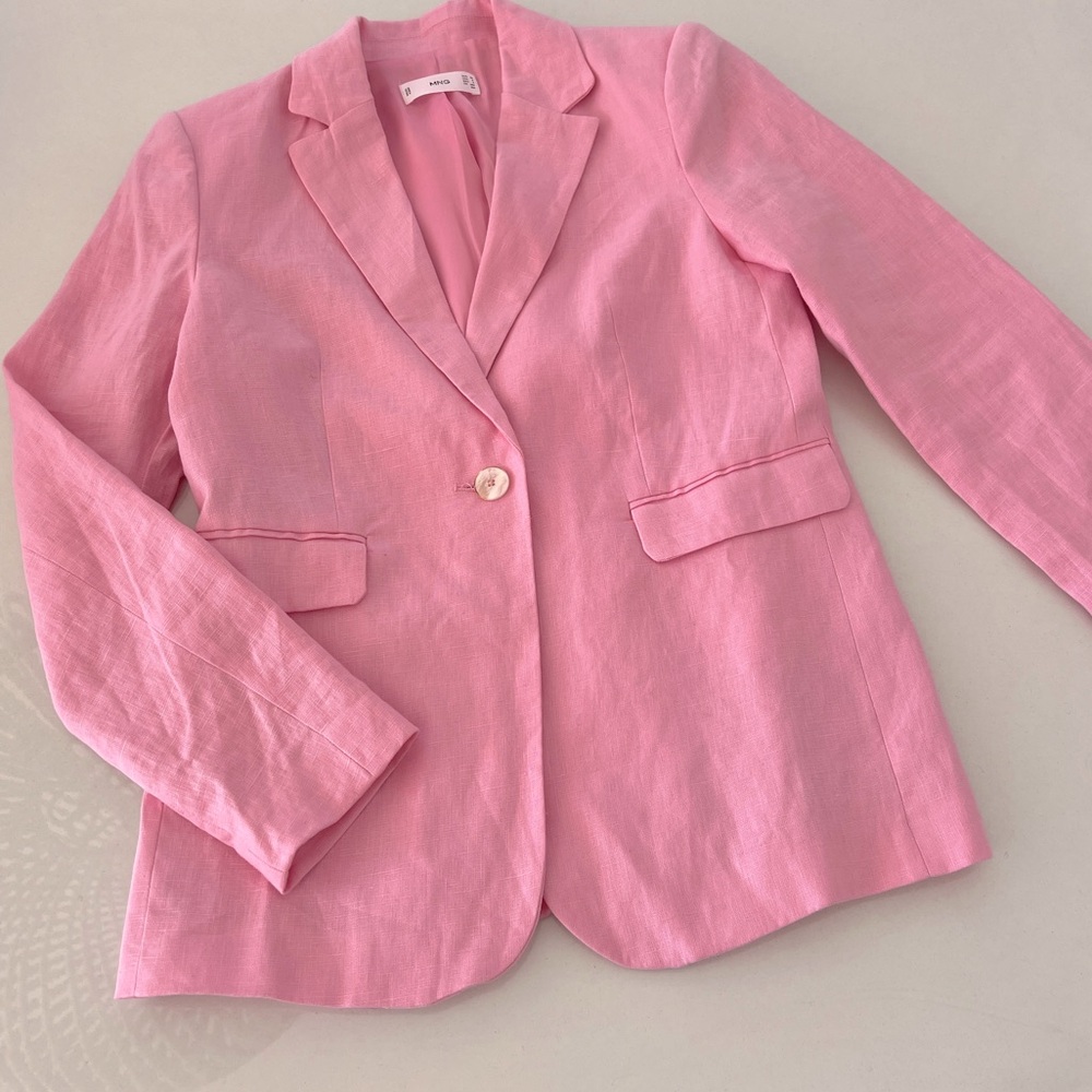 Mango Pink Single-Button Linen-Blend Blazer